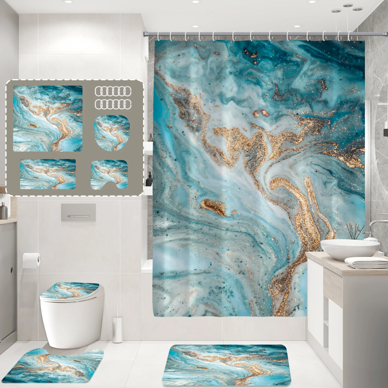 Abstract ink marble pattern shower curtain polyester home décor bathroom curtain with hooks