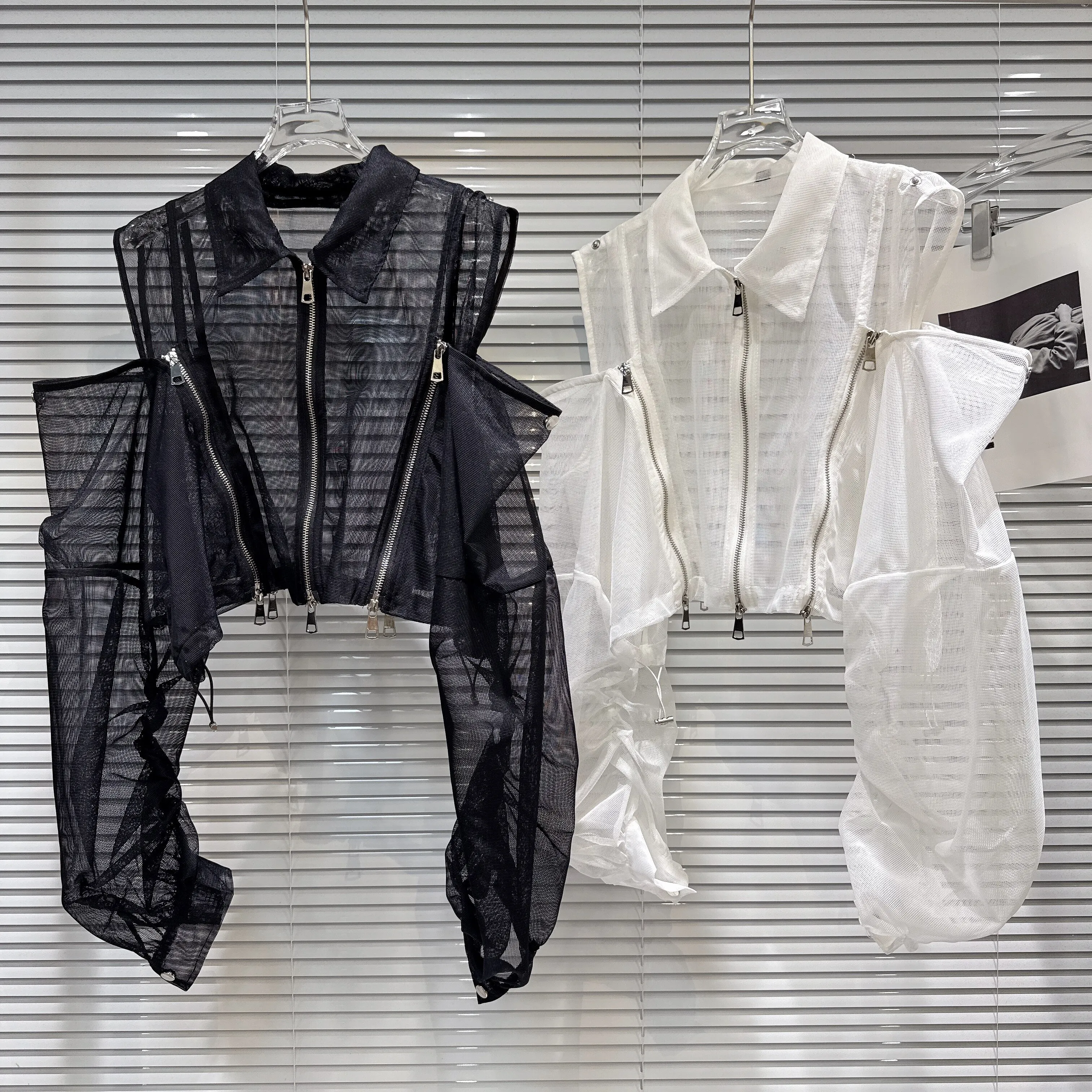 

2026 Summer New Sweet & Spicy Girl Metallic Zipper Sleeve Mesh Sun Protection Short Jacket Top for Women