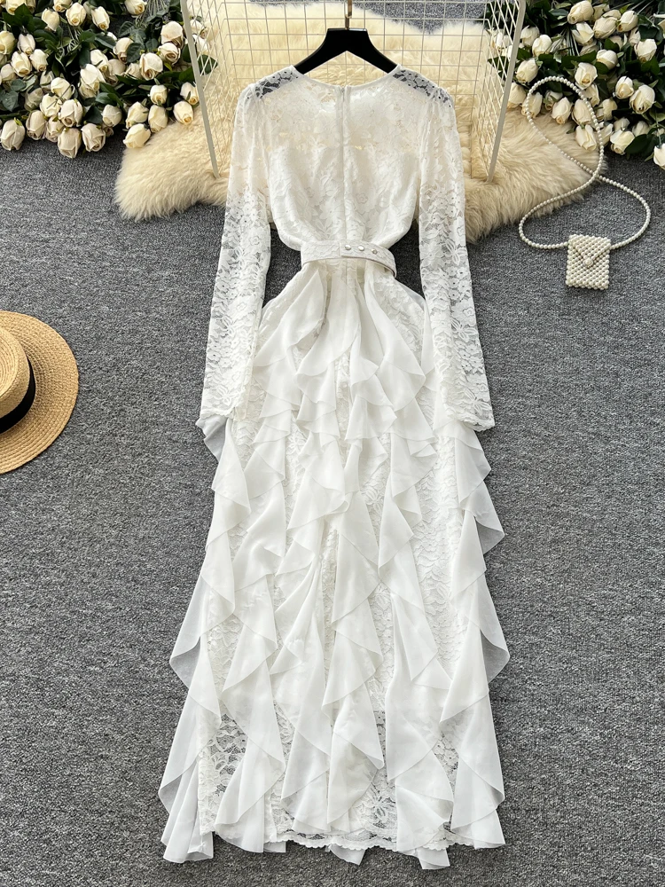 เดรสยาวลายดอกไม้พิมพ์ลายหรูหราสำหรับผู้หญิง ทรงเอไลน์ชายระบาย ผ้าโพลีเอสเตอร์ เอวสูง เหมาะสำหรับฤดูร้อน