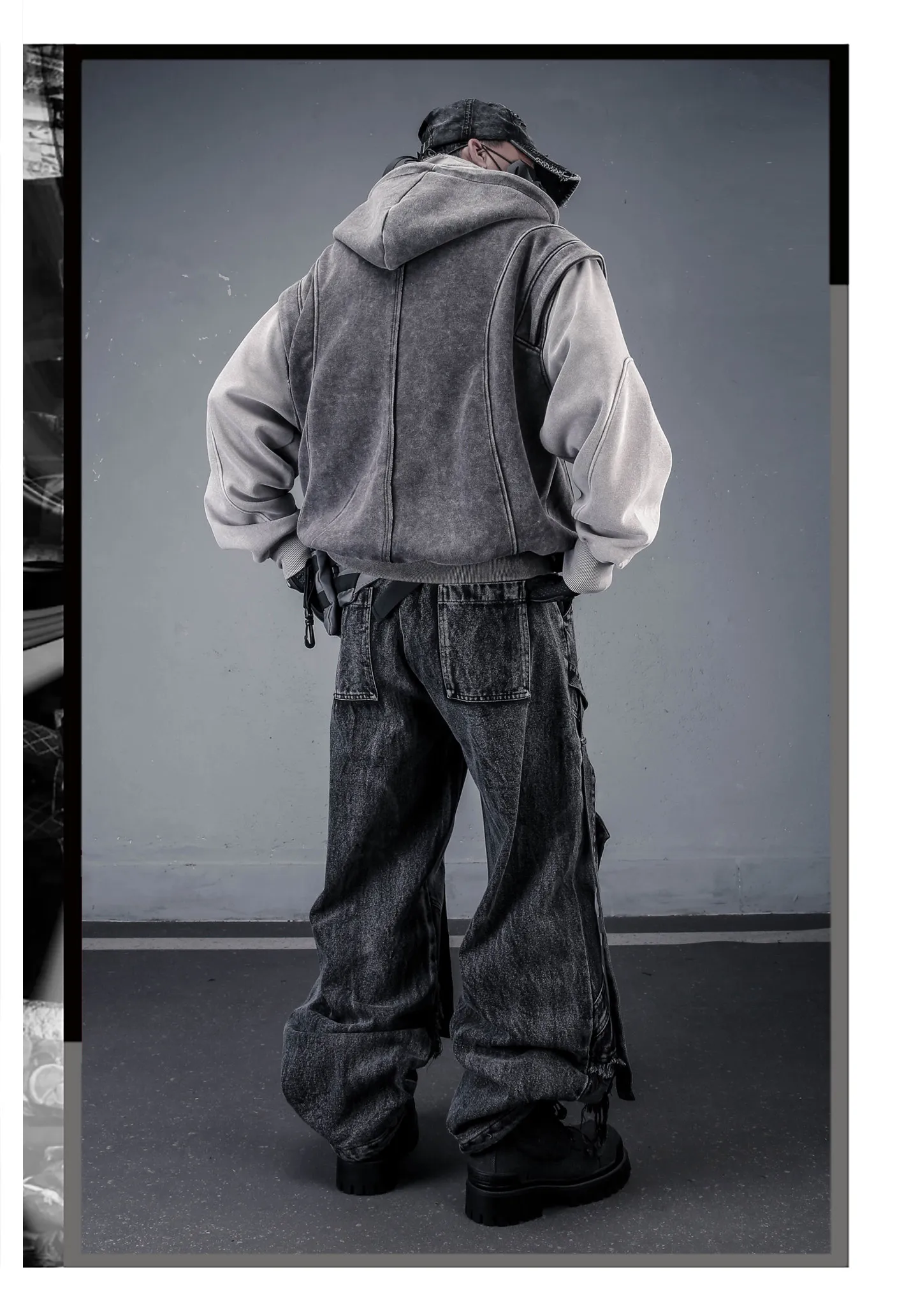 Washed Distressed Fake Two Piece Patchwork Punk Vintage Hoodies Man Techwear Gothic Zip Up Hoodie Street Wear