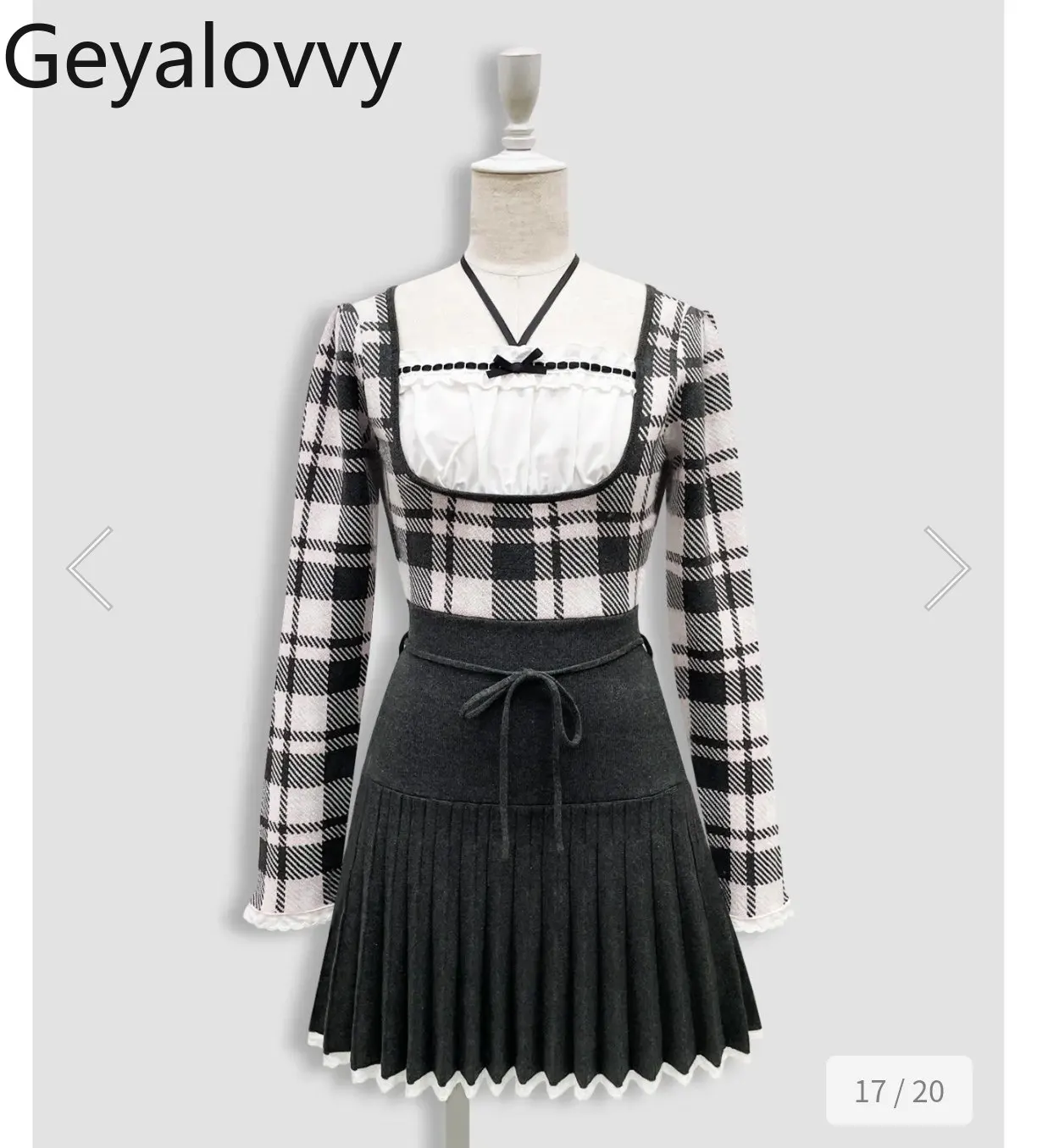 和風ホルターネックフレンチスリムスイートチェック柄プリーツニットワンピース2026新作ハイウエストスリム長袖パッチワークワンピース