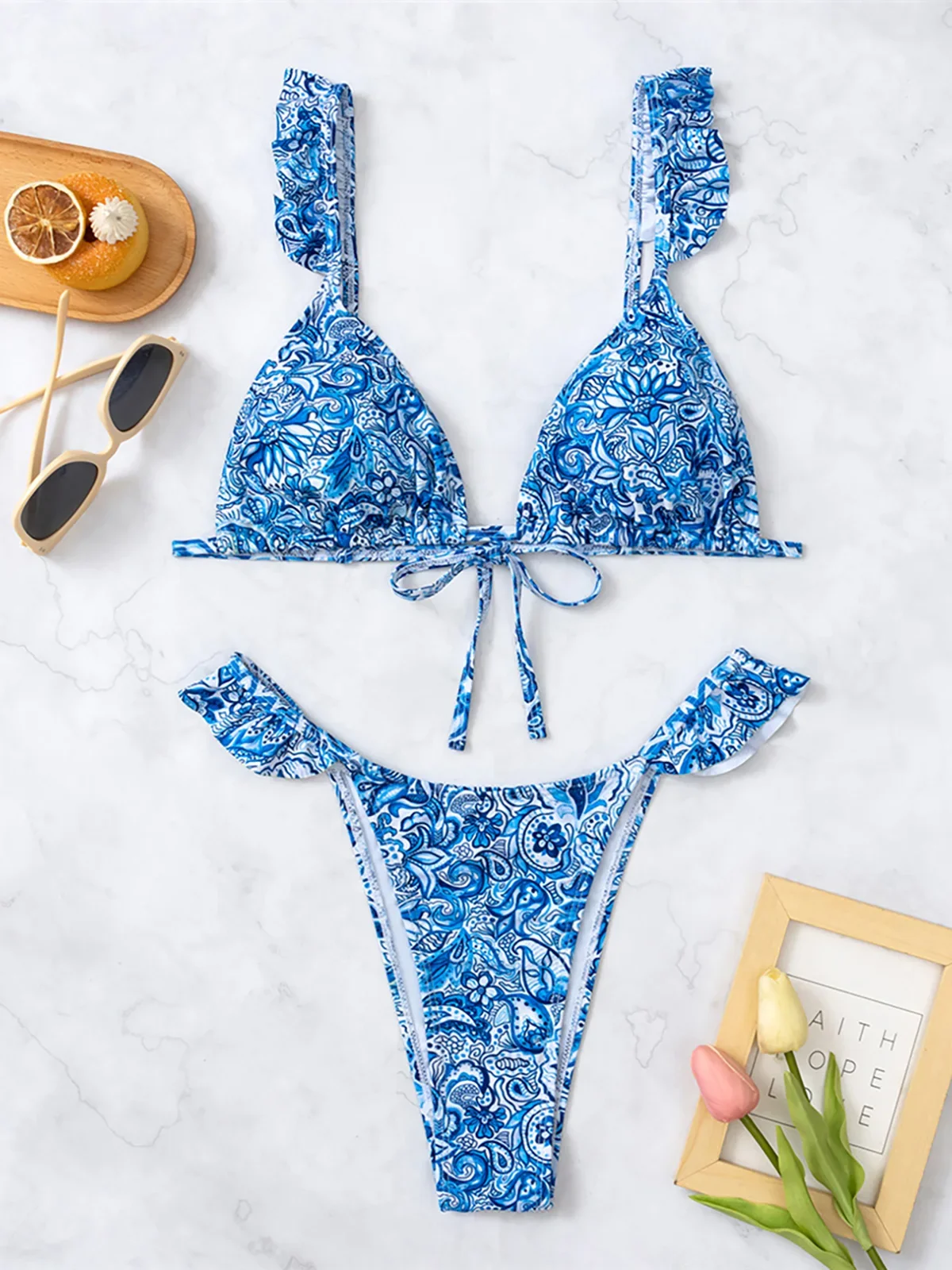 مطبوعة تكدرت مزركش عالية الساق قطع بيكيني النساء ملابس السباحة الإناث قطعتين مجموعة البكيني الاستحمام ثوب السباحة السباحة K5615