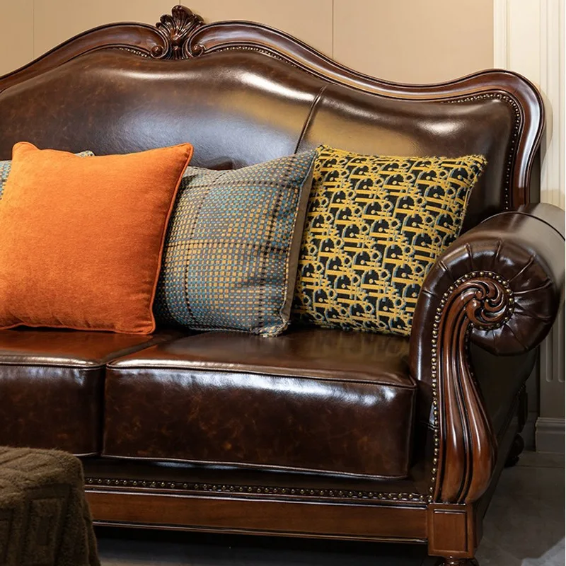 Solid wood sofa, leather first layer cowhide luxury villa retro European living room