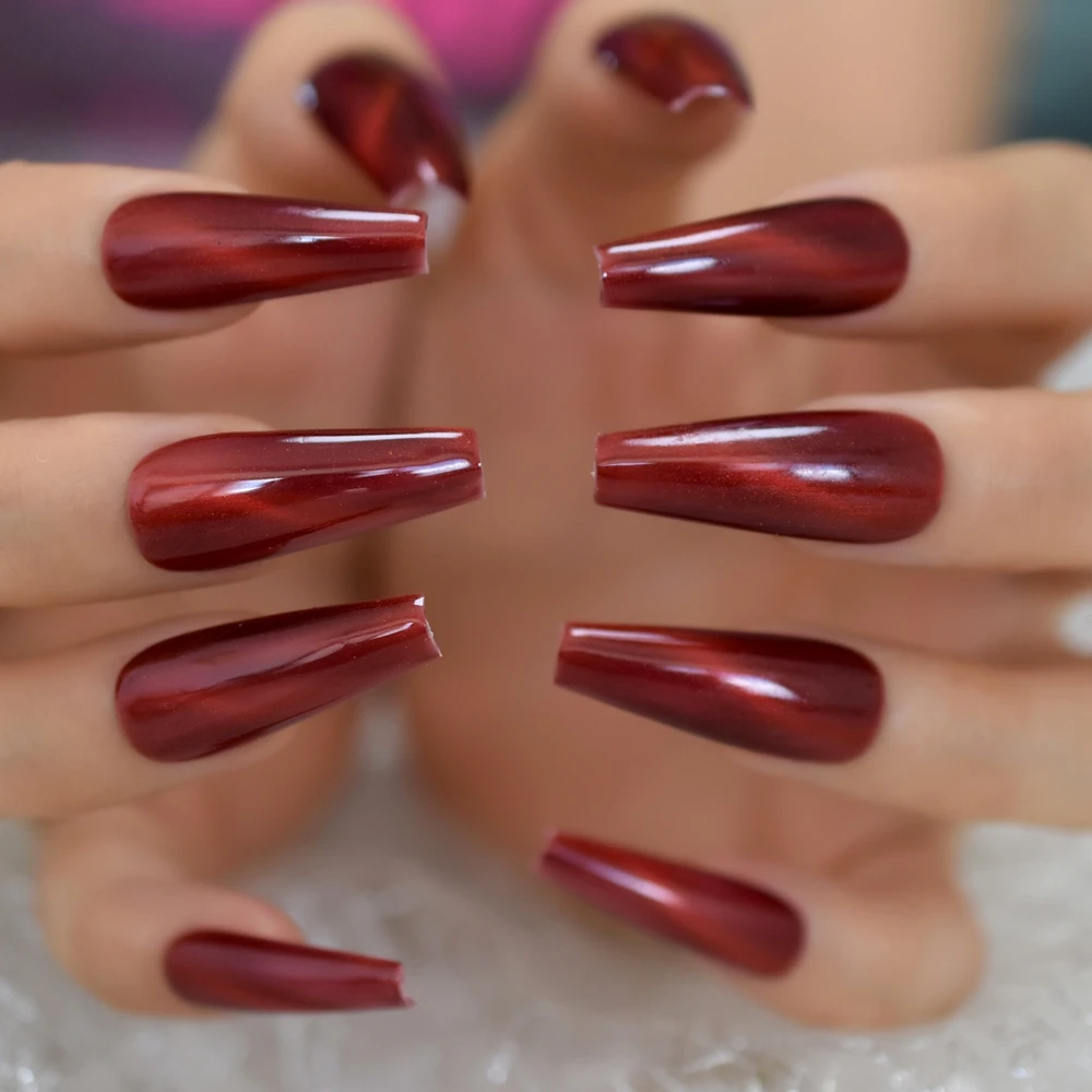 Coffin Red Fake Nails Extra Long Tapered Cat Eye GelNail Handpainted Thick Galaxry Press On Nail 20 CT