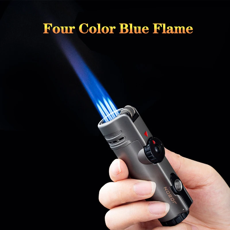 JOBON Metal Outdoor Windproof Butane Gas Lighter 4 Torch Jet Turbo Lighter Cigar Hole Opener Flame Size Adjustment Men\'s Gift