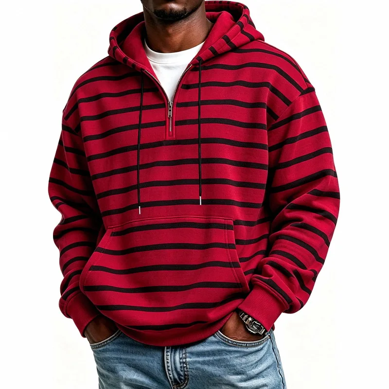 Autumn Winter Vintage Drawstring Hooded Sweatshirt Fashionable Contrast Color Stripe Long Sleeve Casual Top Daily Hoodie For Men