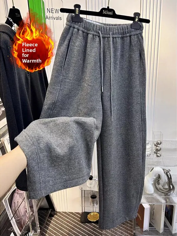 

High Waist Fce Lined Wide Leg Pants Casual Loose Trousers Thiened Autumn Winter Women's plus Size Artistic Sle Cotton ...