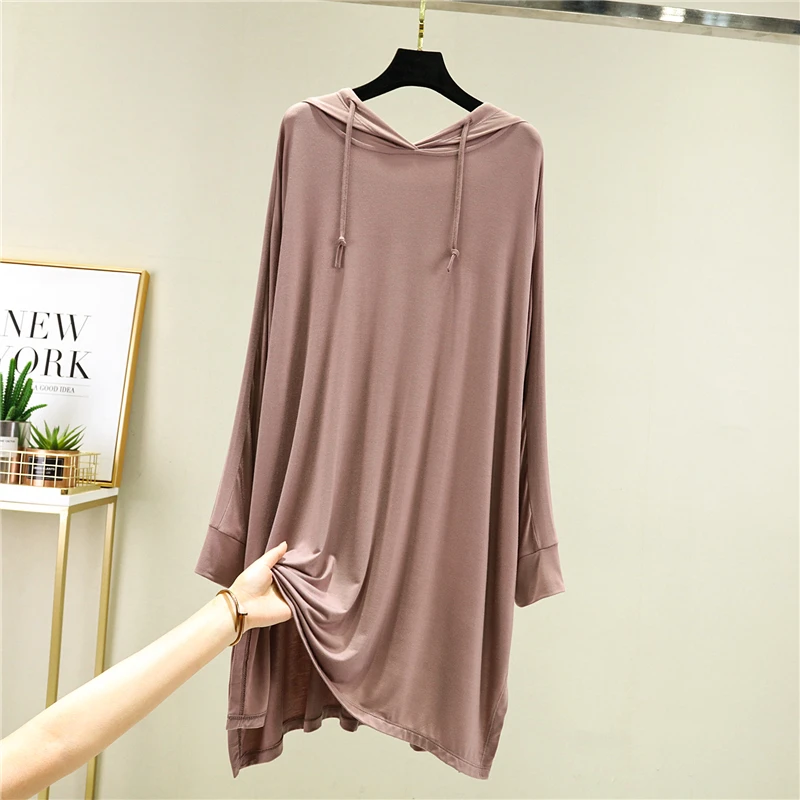 Modal Cotton Long Sleeve Hooded Dress 2021 Women's Autumn Thin Sunscreen Long Top Loose Bottom Mini Dress Split T-shirt Dress