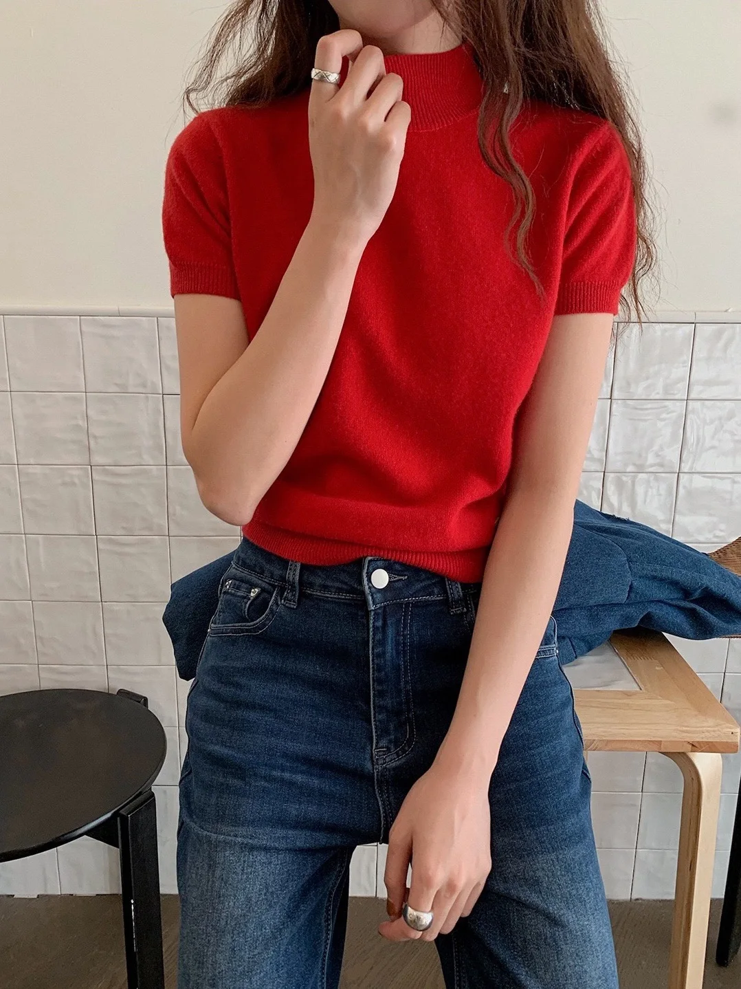 

Женский облегающий вязаный топ из 100% шерсти с высоким воротником и коротким рукавом, базовая модель для ношения под одеждой