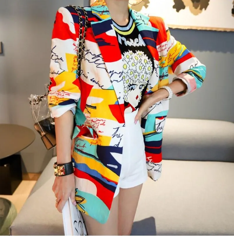 

Korean Nice Spring Women letter Printed Colorful Blazer Elegant Ladies Chic Streetwear Hip Hop Sport Coat Suit Jackets