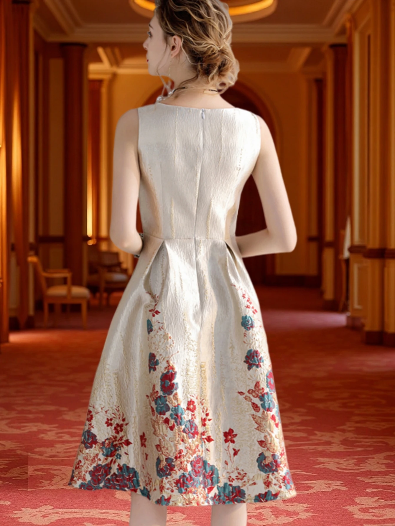 Luxury Women Fashion High Quality Jacquard A Line Ball Gowns Sleeveless Summer Casual Clothing Midi Femme Party Dressses