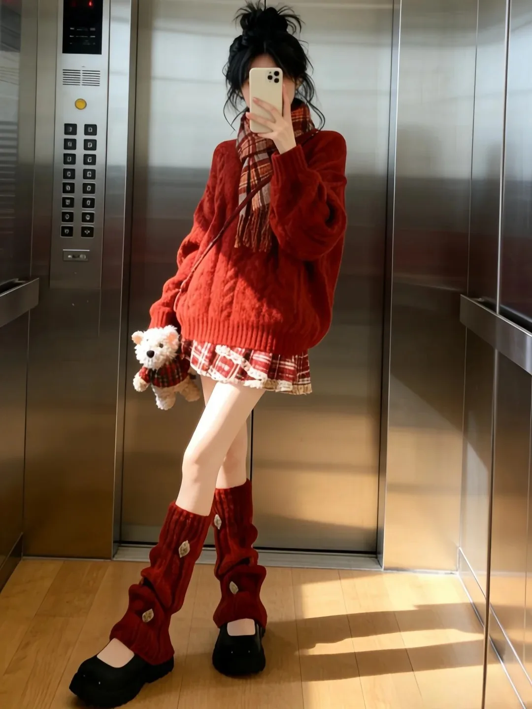 

French Sle ort Skirt Set with Lace Trim Red Knitted Sweater Casual College Look Faionable Winter Outfit for Women