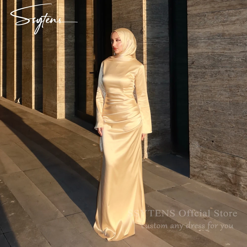 

SSYTENS Customized Golden Evening Dresses فساتين للمناسبات الخاصة Mermaid Satin Long Muslim Party Dresses