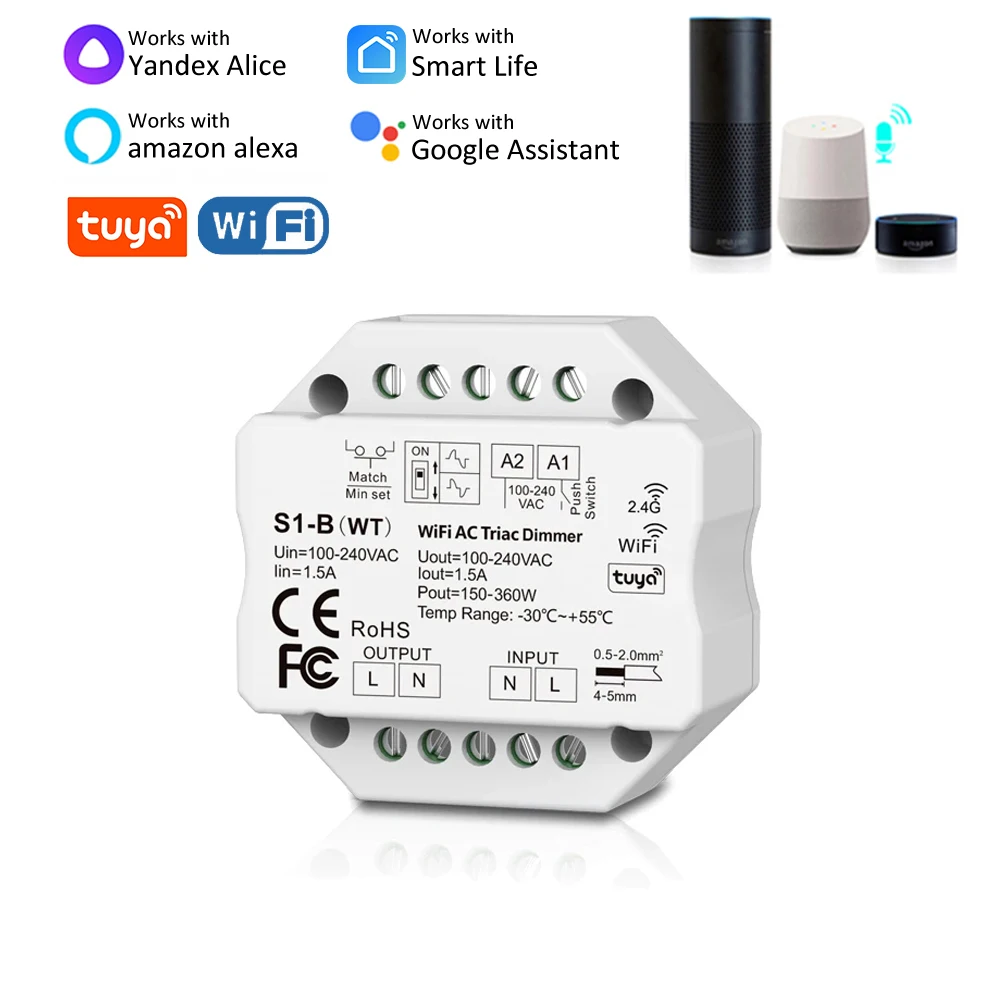 Wifi AC Traic Tuya LED Dimmer 220V 110V 230V Push Switch Smart Life APP for Bulb Light Lamp Work with Alexa Google Home S1-B-WT