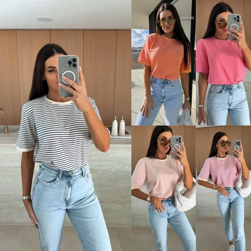 T-shirt da donna rotonda a righe Ne Loose ort Sve, comoda e casual, abbigliamento stagionale primaverile, altro Sle