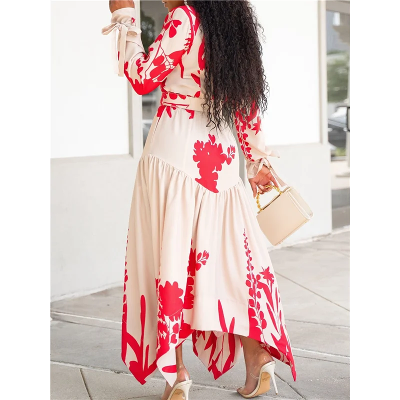 ASDS-ชุดเดรสลายดอกไม้ฤดูใบไม้ร่วงของผู้หญิง Boho แขนยาว Midi Sundress Flowy Dress