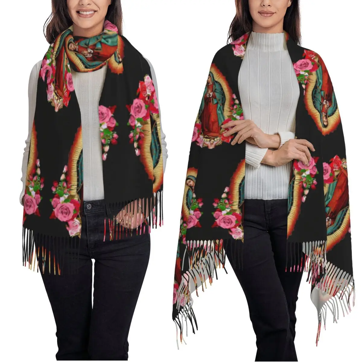 مريم العذراء غوادالوبي المكسيك الكاثوليكية القديس وشاح شرابة الأوشحة للنساء شالات دافئة ويلتف طويل الخريف الشتاء شال التفاف