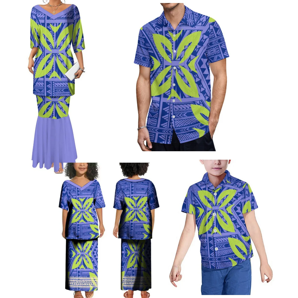 Conjunto de vestido de cola de pez con cuello en V para mujer, vestido de Puletasi para niñas, camisa para hombres, Top informal para niños, conjunto familiar de fiesta de la tribu polinesiana