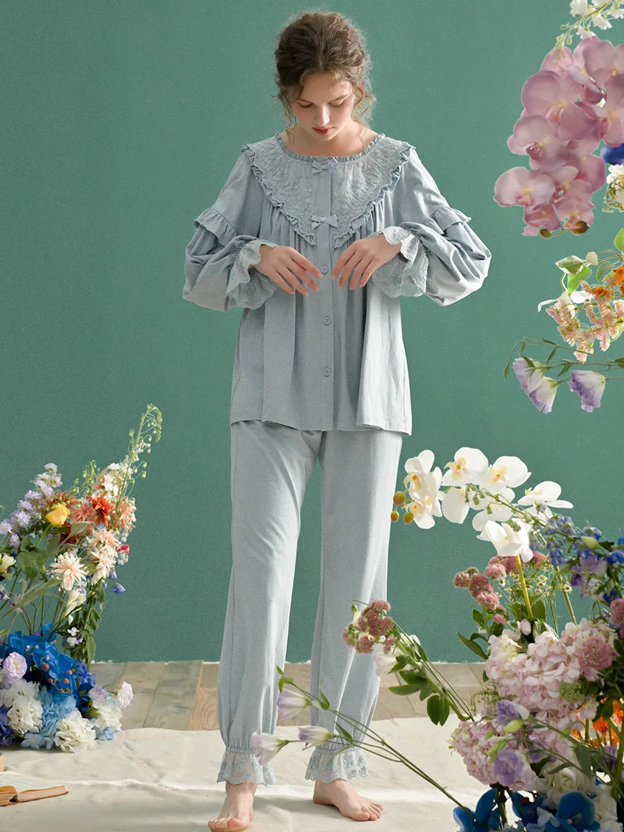 Vintage Gorgeous Soft Cotton Women's  Pajamas Sets Long Sleeve Delicate Elegant Embroidery Sleepwear Spring Autumn Loose Nighty