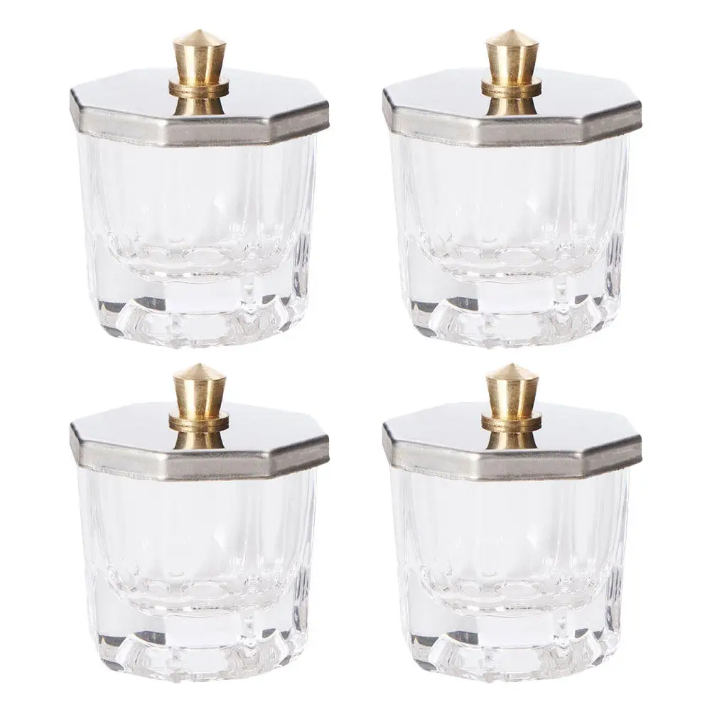 Glass Nail Art Bowl Set 4pcs with Octagonal Lid – Leak-Proof Refillable Crystal Clear Manicure Dish