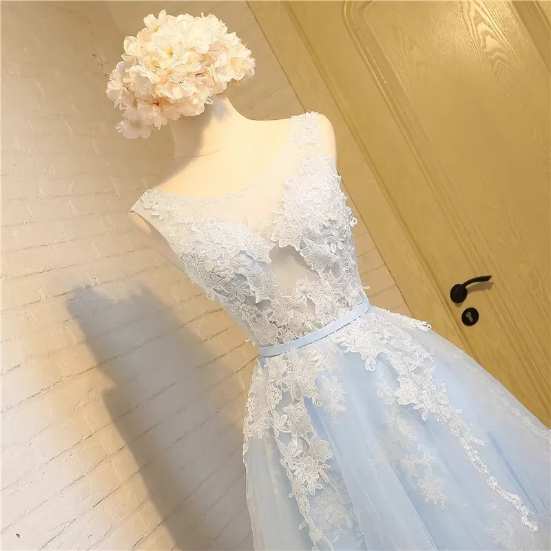 A4133 Customized Blue Short Bridesmaid Dresses Gray Sweet Memory Sleeveless Appliques Lace Tulle Party Wear Dresses for Women