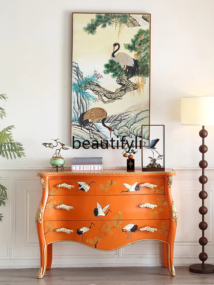 2024 new French Chinese style retro orange painted crane entrance entrance bedroom bedside TV cabinet