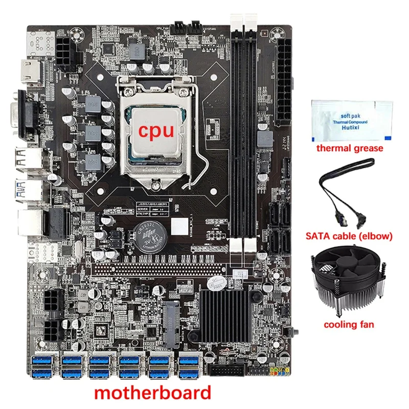 

12 GPU B75 BTC/ETH Mining Motherboard+CPU+Fan+Thermal Grease+SATA Cable 12 USB3.0 To PCIE1X Slot LGA1155 DDR3 SATA3.0