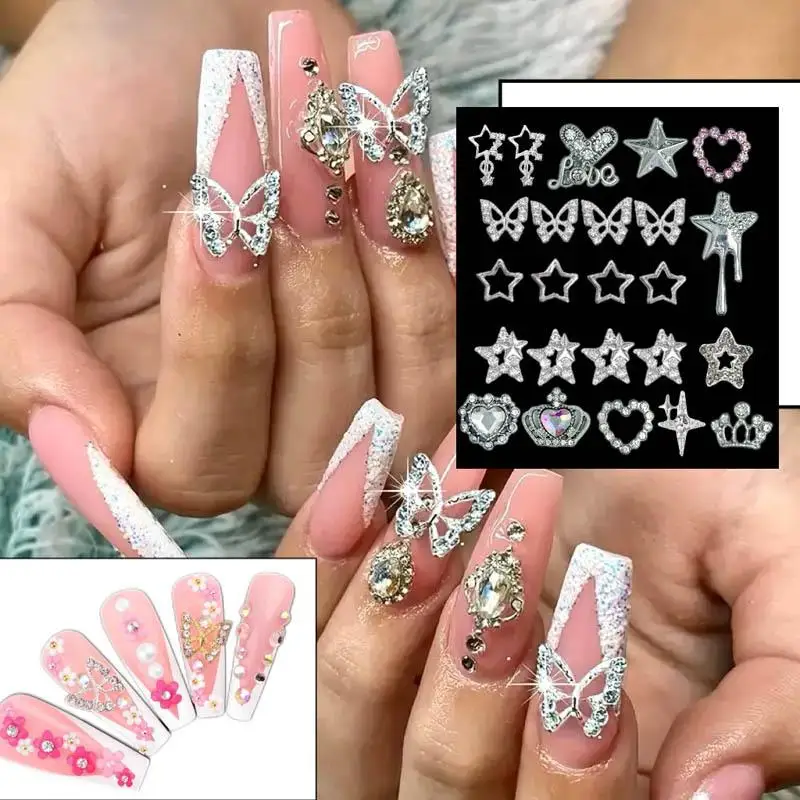 80PCS Random Mixed Alloy Series Nail Charms Hollowed-out Heart Butterfly Full Diamond Inlaid Star Nail Decorations for DIY Nails