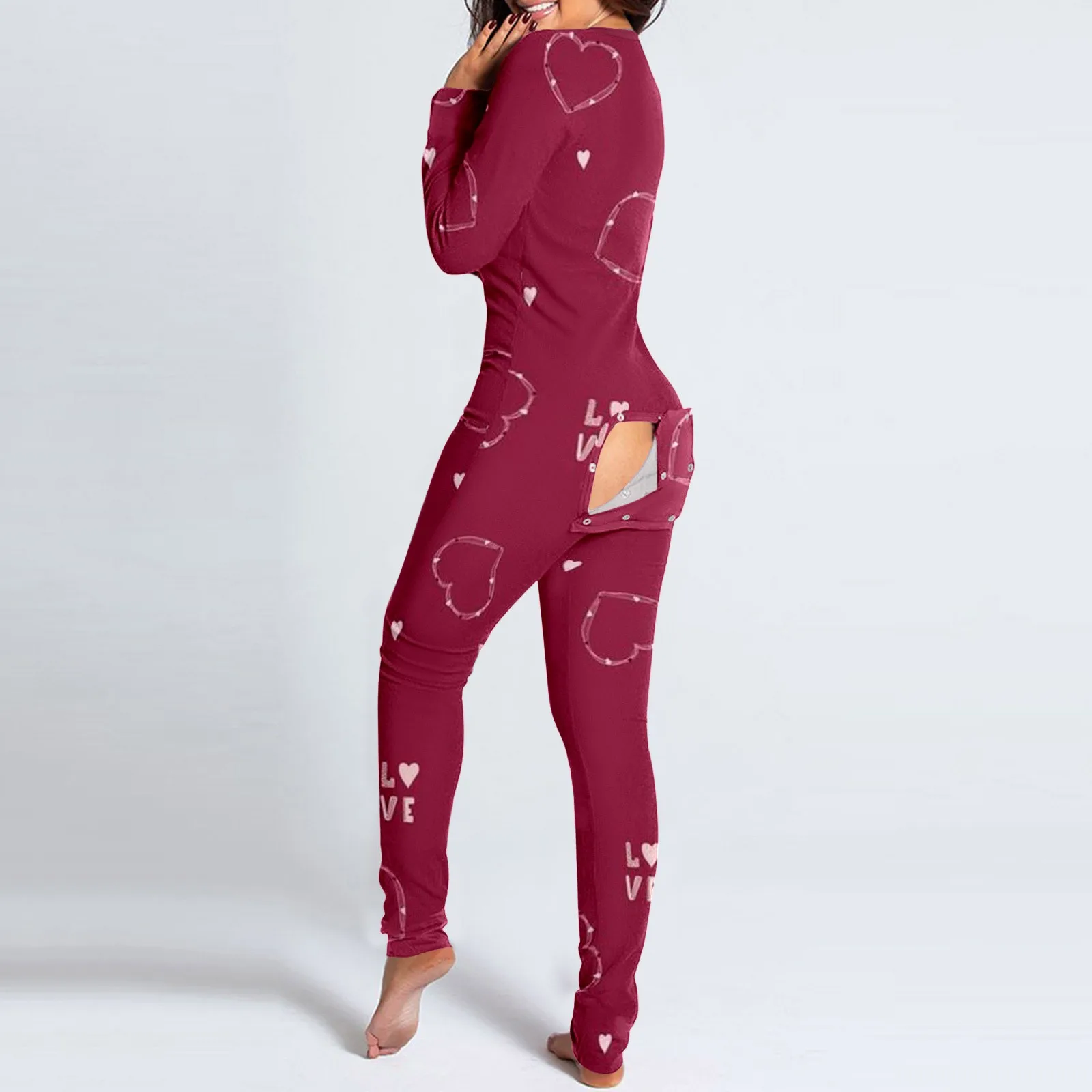 Women Pajamas Onesies Button Down Front Functional Button Flap Pyjamas Jumpsuits Christmas Love Print Jumpsuits Pyjamas Female