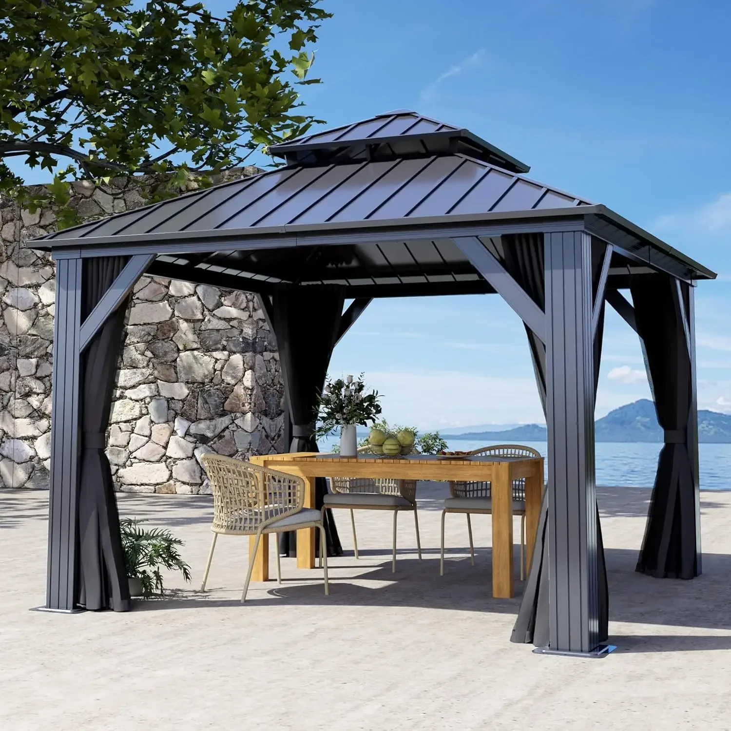 

10x10ft Hardtop Gazebo Galvanized Steel Double Roof Aluminum Frame Netting & Curtain Patio Backyard, Custom