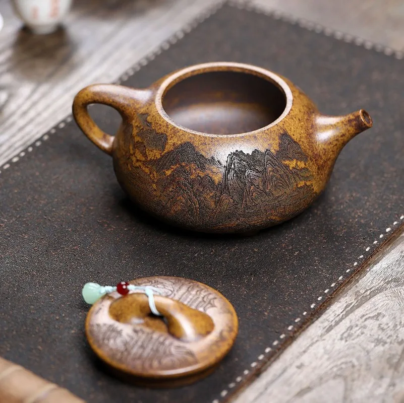Handcrafted Yixing Zisha Teapot Made From Raw “Dragon Bone” Gold Sand, Featuring A “View of The Mountains” Design Teapot