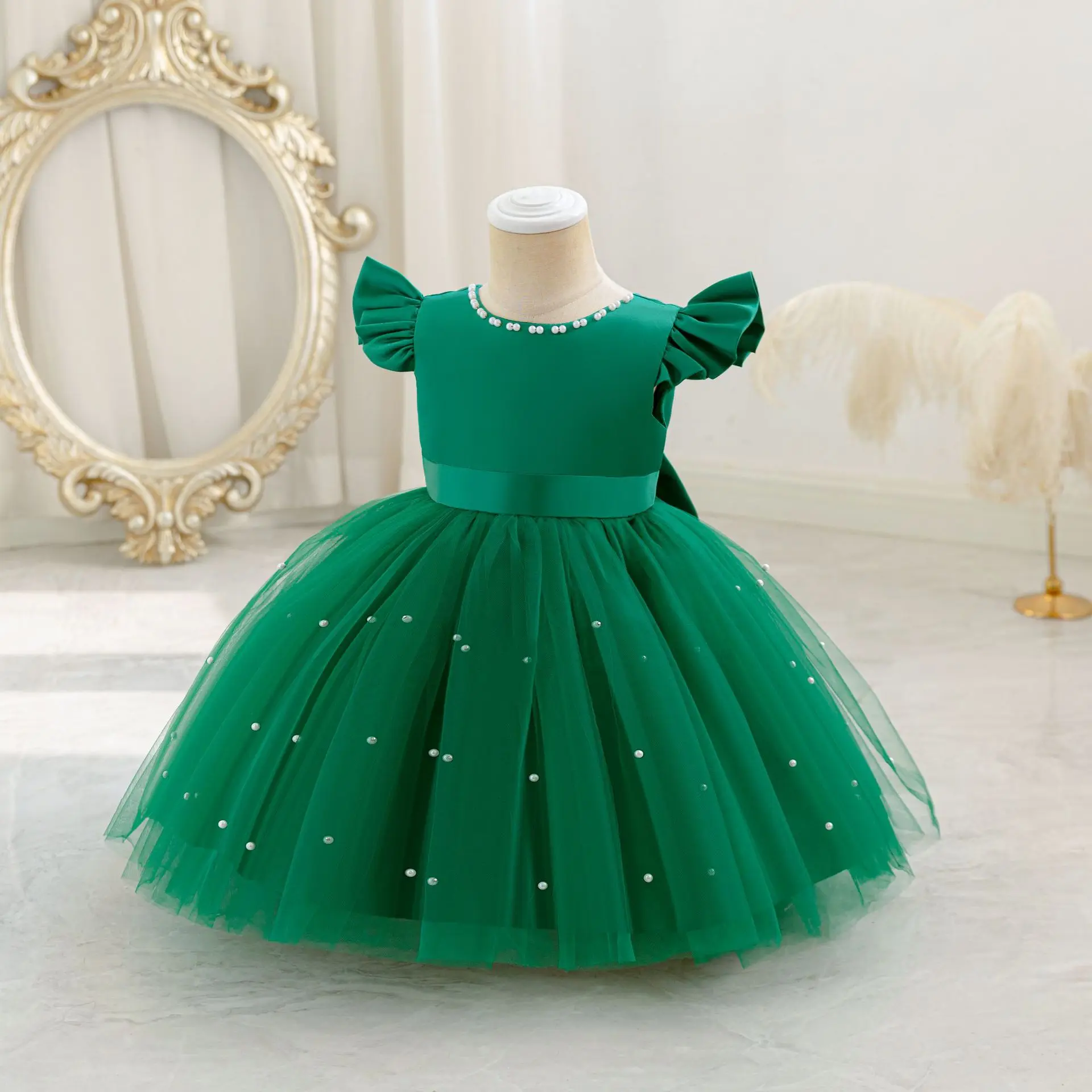 HETISO Summer New Toddler Girls Pearls Fluffy Dress Baby Kid's Birthday Mesh Princess Ball Gown 6M-5 Years
