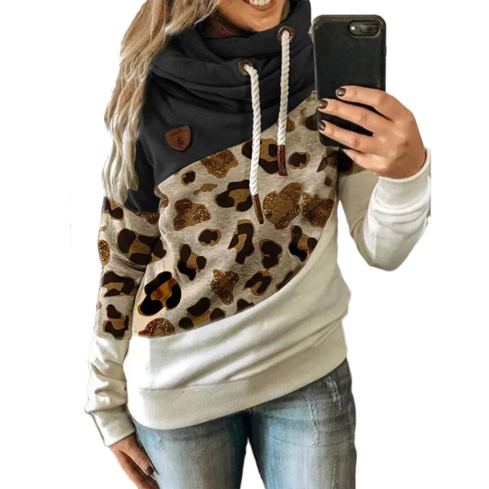 Women Patchwork Hooded Sweatshirt Autumn Winter Leopard Print Harajuku Drawstring Hoodie Casual Long Sleeve Pullover Tops Female