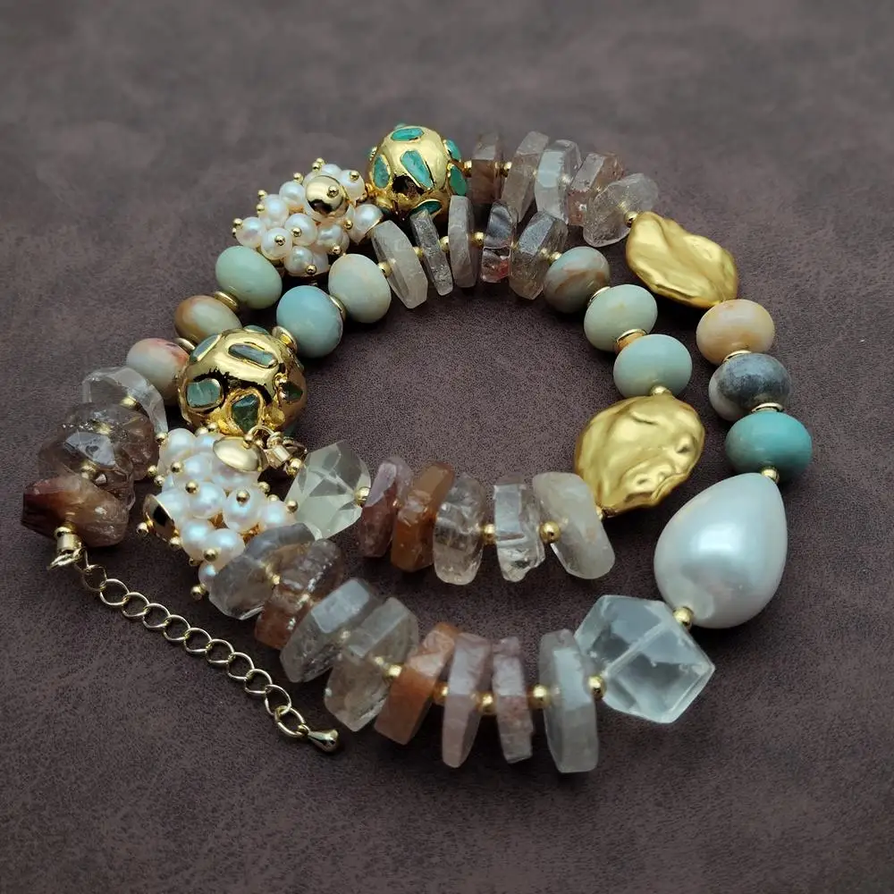 

YYGEM natural rondelle Rutilated Quartz Amazonite Cultured White Pearl Sea Shell Pearl Choker Necklace