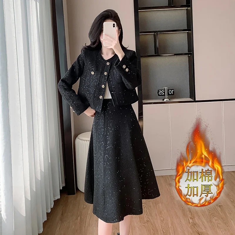 Insozkdg 2024 Elegant Vintage Tweed Skirt Suits Female Stand Collar Sinle-breasted Short Woman Jackets Long Skirt Two Piece Sets