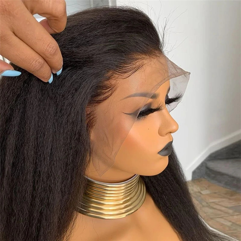 Yaki-peluca larga y suave con malla frontal para mujeres negras, pelo de bebé sintético predespuntado, sin pegamento, de uso diario, 26 pulgadas