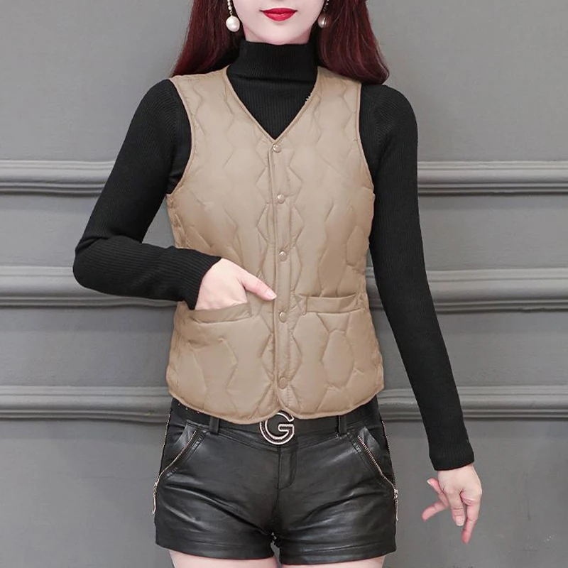 2023 Winter Women Fashion Elegant Slim Sleeveless Down Cotton Padded Coat Lamb Warm Vest Jacket Solid Button Outerwear Waistcoat