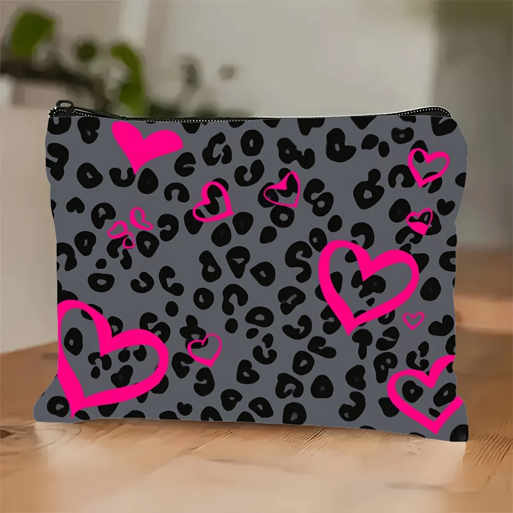 A Black leopard print and pink heart patterned makeup bag - a cute multifunctional zipper pouch for women, a jewelry storage bag