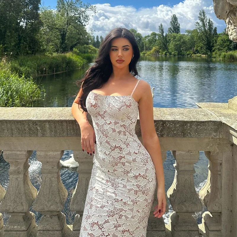 Elegant White Lace Women's Prom Dress Summer Strap See Through Holiday Beach Sexy Sleeveless Hot Girl Casual Long Party Skirt