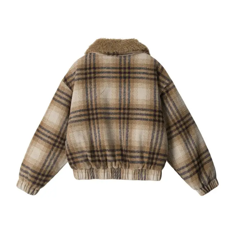 เสื้อโค้ทผ้าฝ้ายสำหรับผู้หญิง HeyHenry Thiened Lamb แต่งปกขนแกะ  บุซับในอุ่น  แบบมีซิป  ลายสก็อต