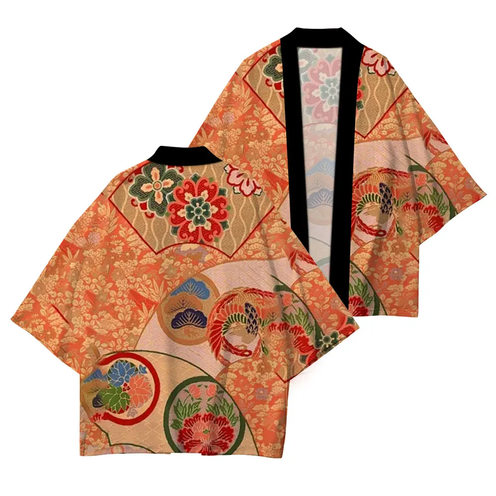 Japanese traditional clothing High quality casual loose kimono Wave red sun pattern printed summer UV protection kimono XXS-4XL