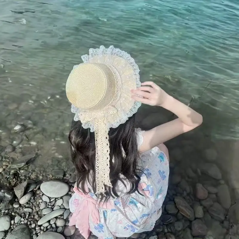 Lolita Hat With Bowtie Lace Sweet Jk Straw Sun Headress For Women Vintage Summer Boho Photoshoot Accessories Beach Seaside Party