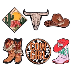 Cowgirl Boots Enamel Pin Western Mexican Cactus Bull Head Lapel Badges Decor for Shirt Bags Brooches Jewelry Gift for Friends