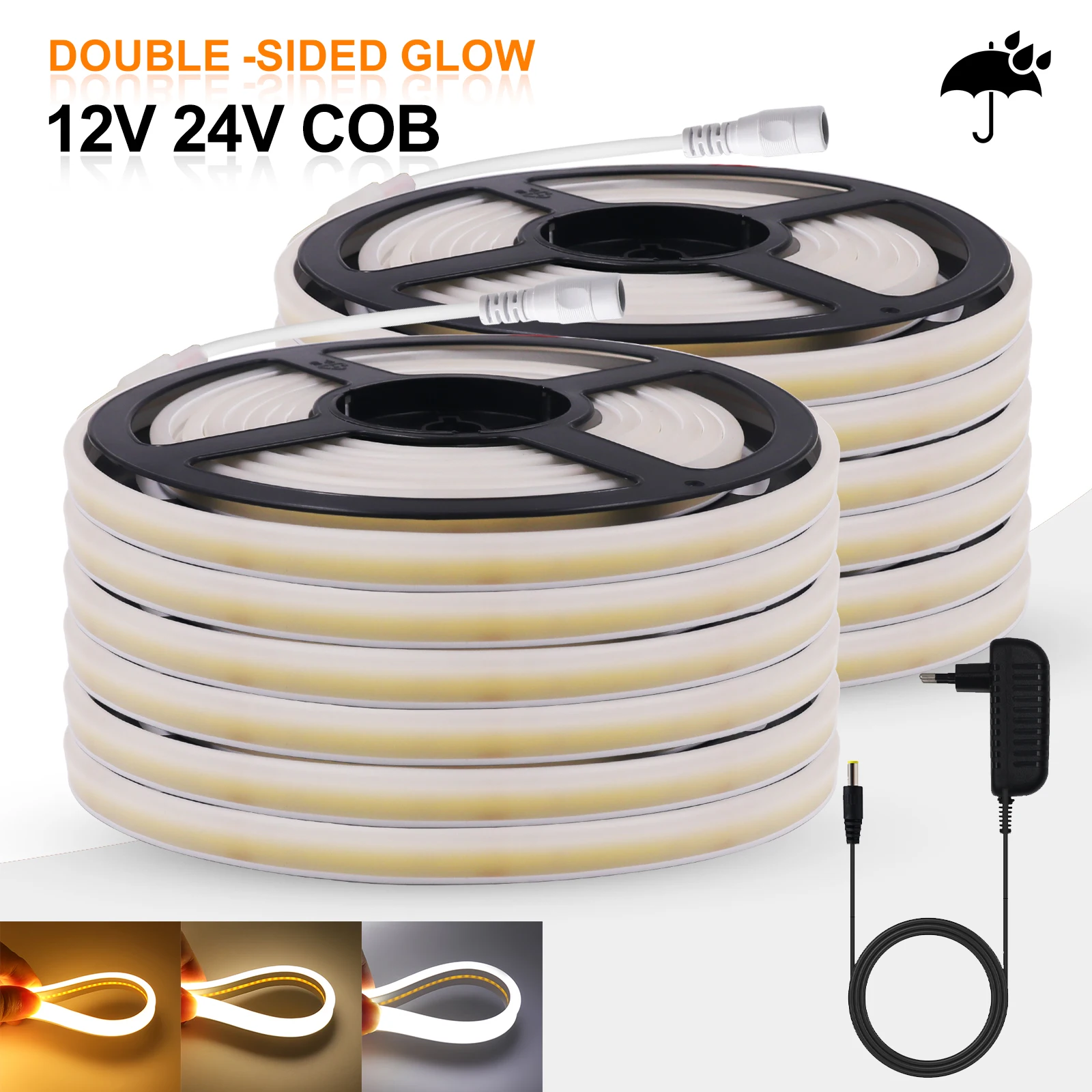 

12V 24V COB Neon Strip Waterproof With EU US Power Adapter 320Leds 3000K 4000K 6000K Home Decor Flexible Ribbon Rope LED Light