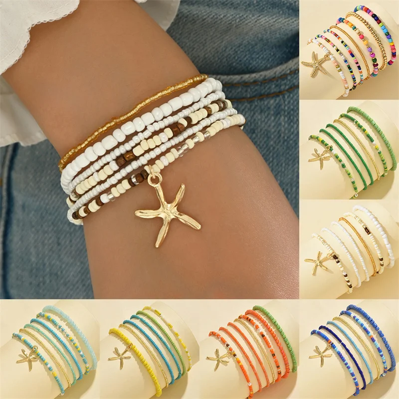 6PCS Bohemian Rice Beads Bracelet Set for Women Fashion Starfish Pendant Multilayer Bracelets Summer Party Jewelry Accessories