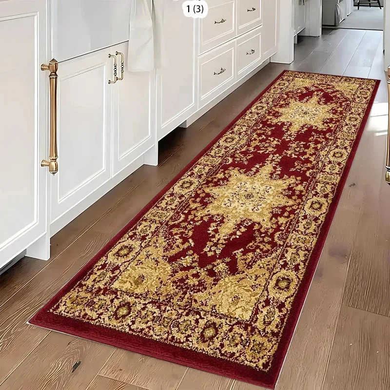 VIKAMA Europäischer Vintage Langer Läufer Teppich für Küche & Flur Rutschfeste Matte Weich & Pflegeleicht Schlafzimmer & Küchenteppich Wohndekor