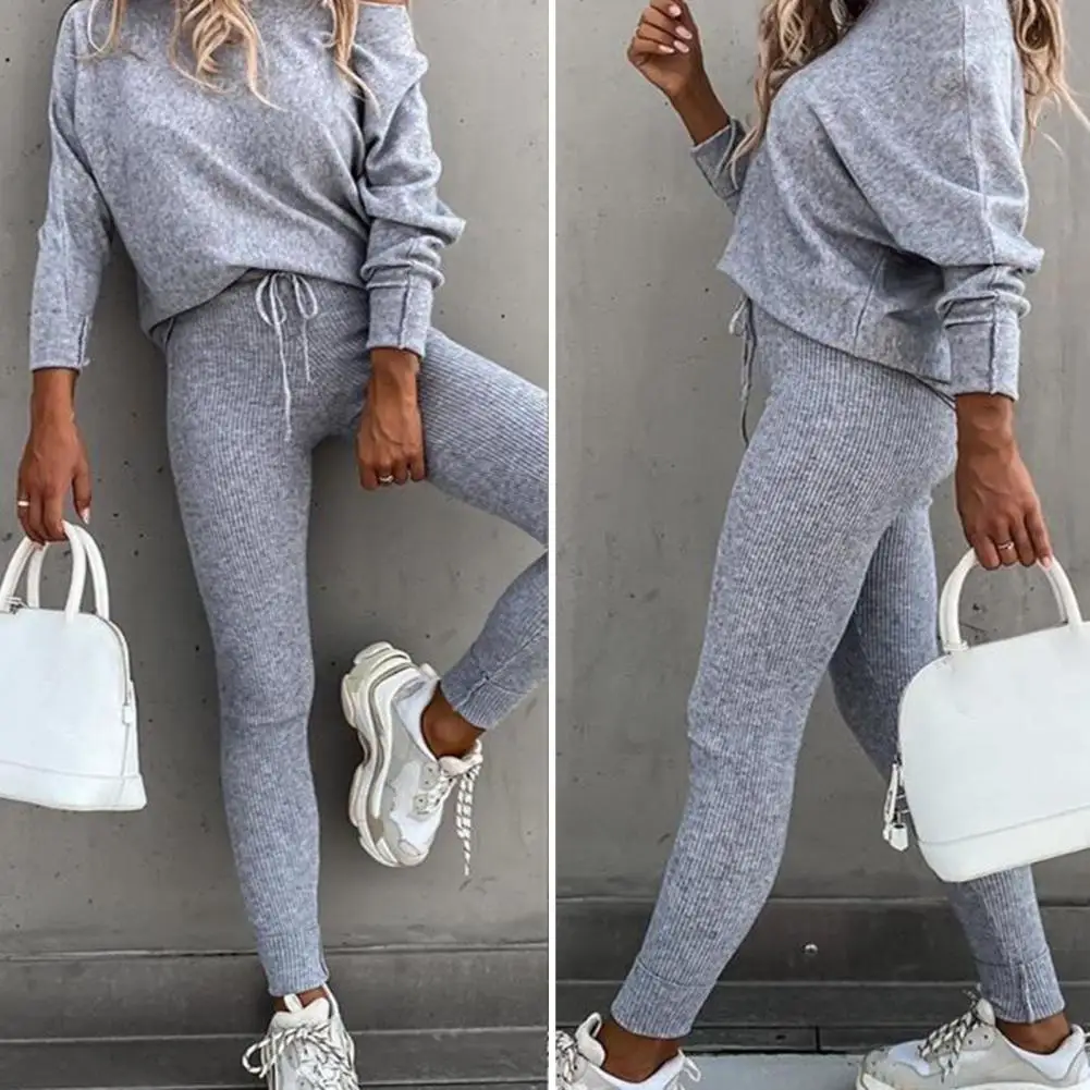 2Pcs/Set Fitness Women Tracksuit Round Neck Sweatshirt Blouse Drawstring Pants Set Female Pullover Sweatpants Sports Suit