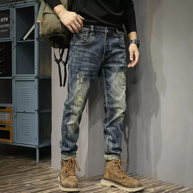 Fashion Designer Men Jeans Retro Blue Stretch Slim Fit Ripped Jeans Men Vintage Trousers Embroidery Casual Denim Pants Hombre
