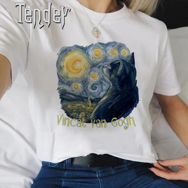 Funny Starry Cats Graphic T shirts Women's Short-sleeved Vintage Van Gogh Inspired Print T-shirt 2024 Loose Oversized T-shirts