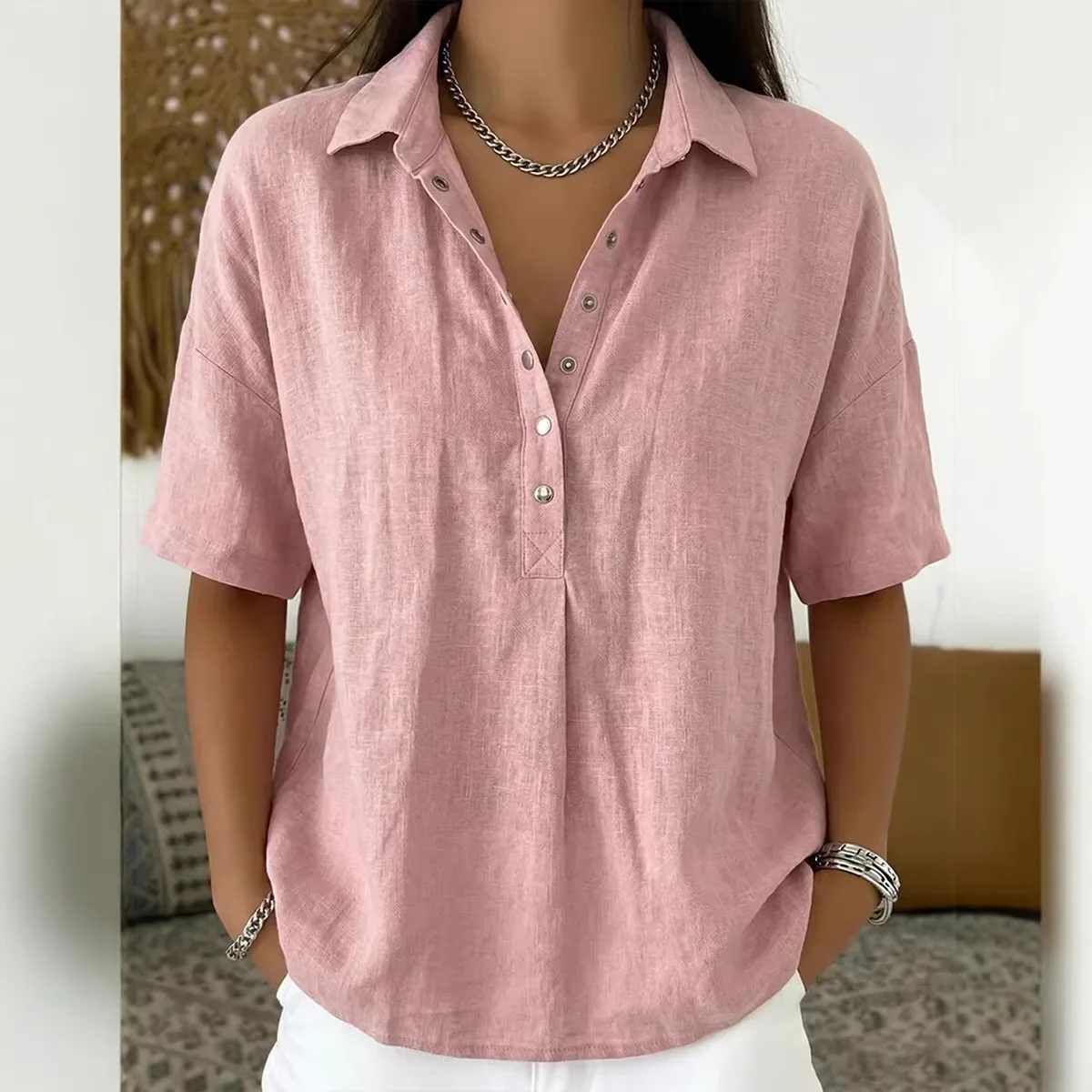 High Quality Hot Selling Wholesale Summer Solid Color Loose Short Sleeved Collar Comfortable Shirt Top Women Clothing Vintage